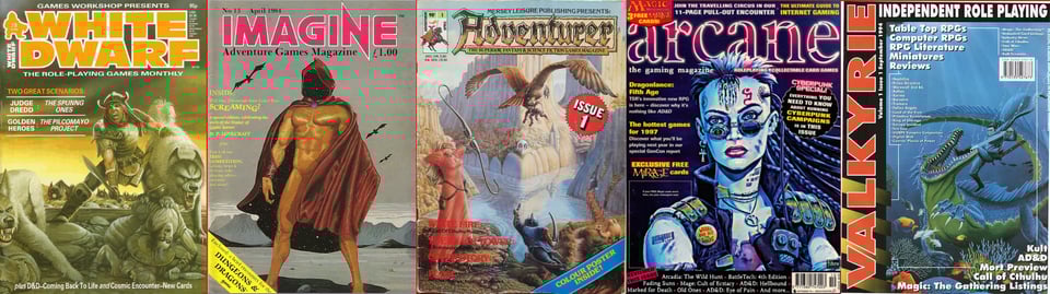 Five cover images in a row: White Dwarf, Imagine, Adventurer, Arcane, Valkyrie