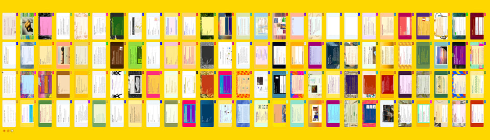 scrolling screen capture of over 100 Leaflet docs of various themes, on a yellow background, rotated 90 degrees to fit horizontally