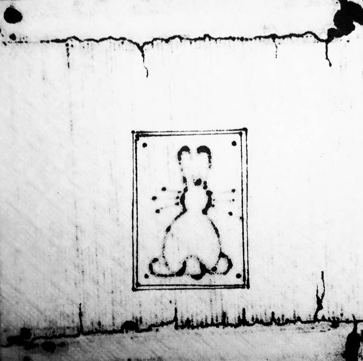 Grimy black and white stylized drawing of a rabbit facing away, in a box