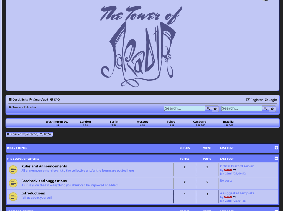 A screenshot of The Tower of Aradia, Aradia Collective's forum. The entire forum is not shown, but instead the top part with the header and some of the forums such as announcements, rules, introductions and feedback.