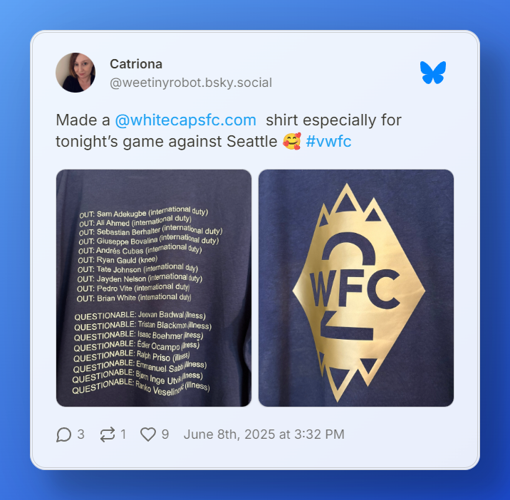 Bluesky user Catriona shares pictures of a shirt she made listing all the potential players missing from the match and a Whitecaps FC 2 logo.