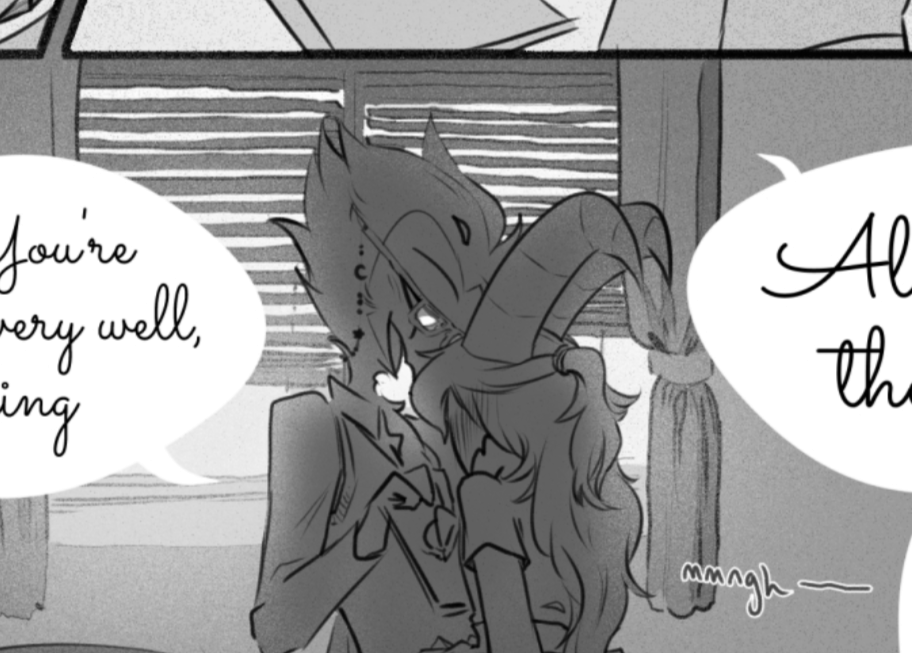 black and white crop of a comic page, where Blitz in a wig is sitting in Stolas' lap in front of a partially-closed window as Stolas says something (likely horny) but his dialogue is cropped out.