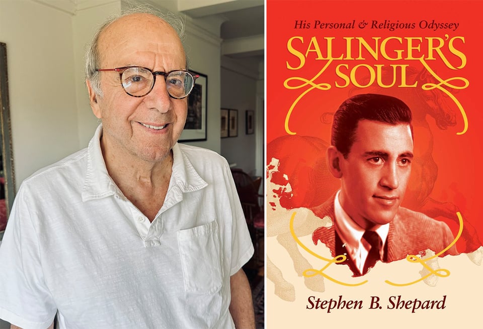 Two photos: left, author Stephen B. Shepard in a white polo shirt; right, the cover of his new biography, SALINGER’S SOUL, feat. a photo of JD Salinger