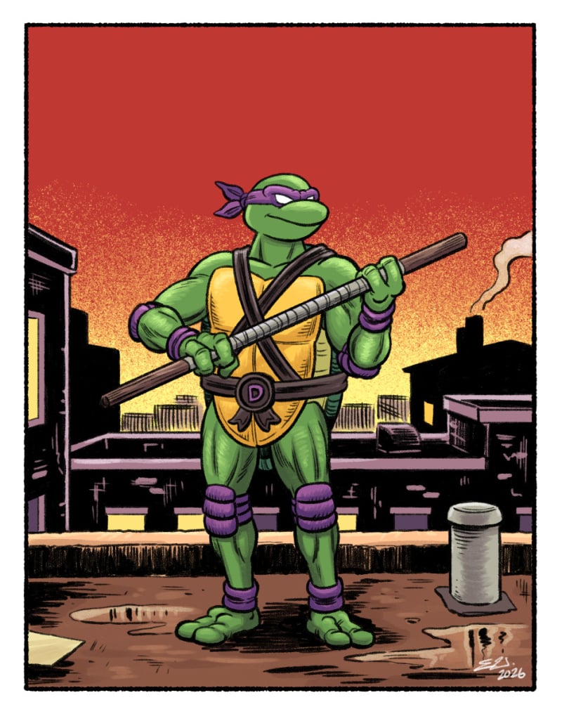 Donatello the Ninja Turtle posing with his bo staff on a dingy rooftop