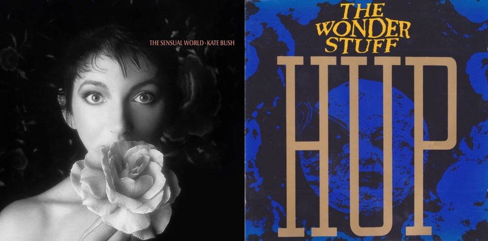 First pic: A black and white photo of Kate Bush, a white woman with dark hair and large eyes. She holds a rose in front of her mouth, obscuring it. Second pic: A still from the famous silent movie short, A TRIP TO THE MOON by Georges Méliès, showing a moon with a human face -- it's more like a human face that's been covered with cool whip -- with a bullet-shaped rocket sticking out of its eye. It has a kind of disgruntled look on its face. (Wouldn't you be?) This still is tinted blue, and "The Wonder Stuff" and HUP are superimposed over it.