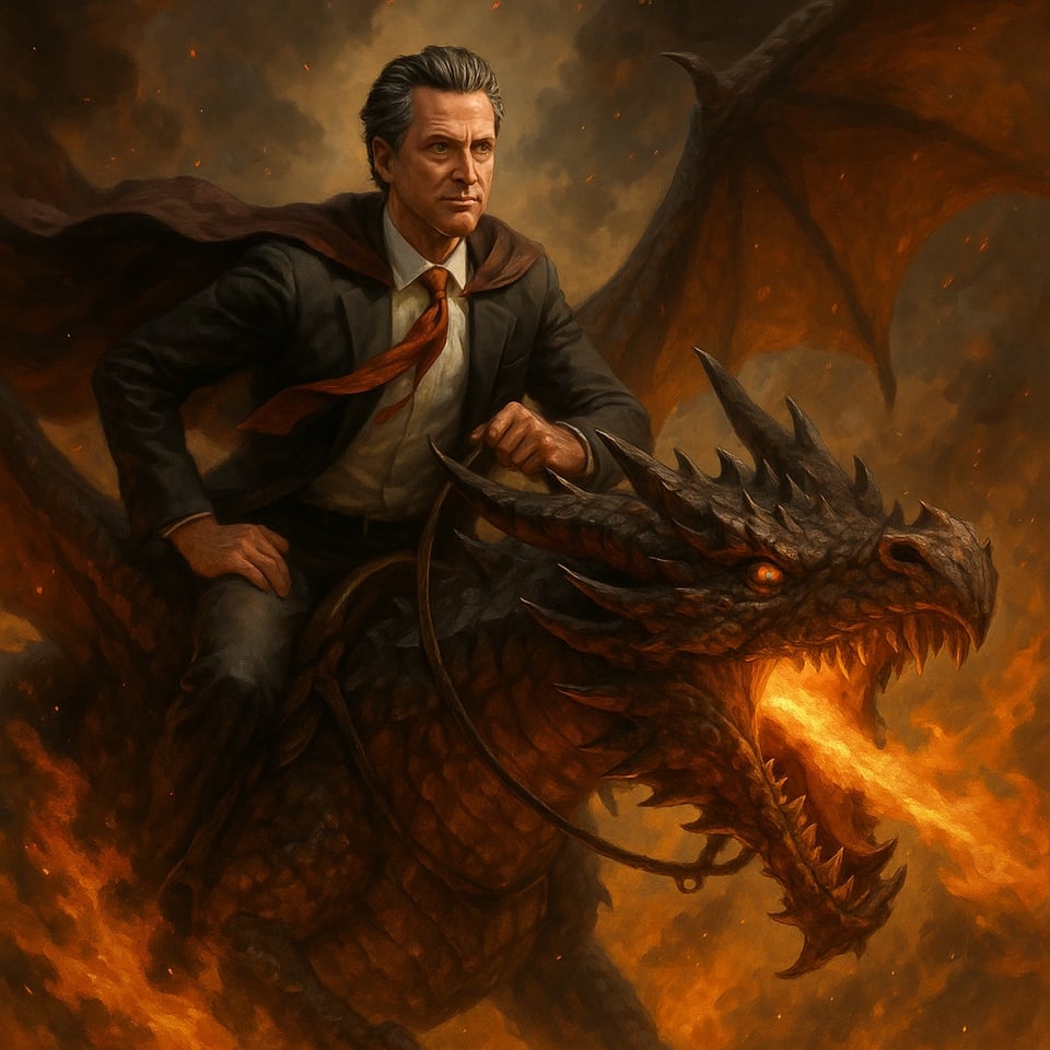 AI generated image of Gavin Newsom riding a fire-breathing dragon across the sky.