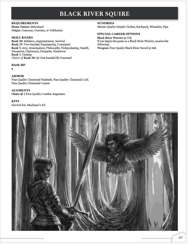 A black and white screencap of a page from the tabletop RPG Crucible of Aether depicts a number of options from character creation for choosing the Black River Squire Background. At the bottom of the page, a black and white image for the Crucible of Aether TTRPG depicts two figures in a forest clearing. The first figure is an armored warrior with short hair and holding a sword. The warrior is facing down a monstrous bird with the face of a person and a fanged maw.