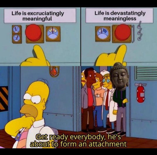 An image from The Simpsons. Homer has to choose between two buttons, one reads "Life is excruciatingly meaningful" and the other reads "Life is devastatingly meaningless." A group of colleagues, including Buddha, are watching him from behind. The caption says, "Get ready everybody, he's about to form an attachment."