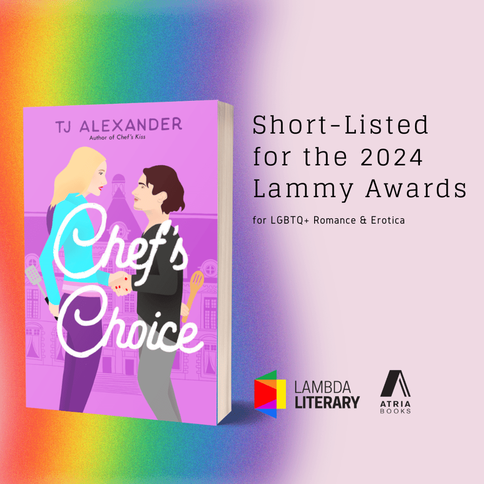 graphic with the book that says: Short-Listed for the 2024 Lammy Awards for LGBTQ+ Romance & Erotica