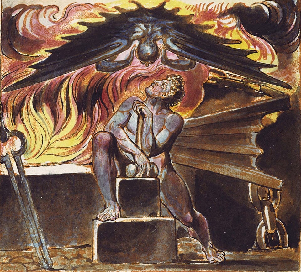 An image of Los, a blacksmith god in William Blake's mythology, who is associated with imagination. Above him, with black wings and his head held between his hands, is Spectre, a Blakean spirit of rationalism, self-criticism and doubt.