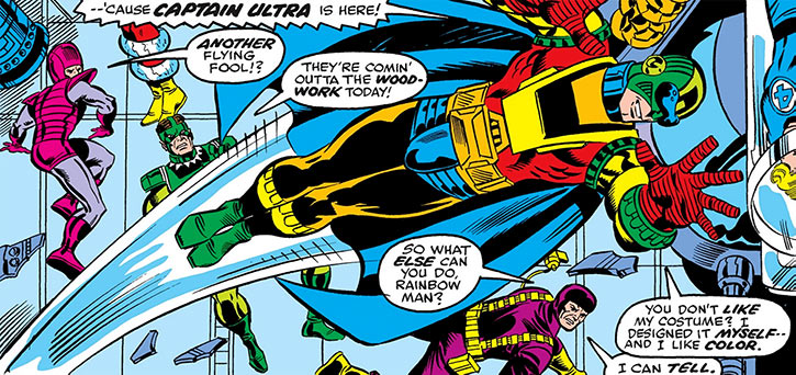 Panel by George Perez from a 1970s issue of The Fantastic Four, showing a rainbow-hued Captain Ultra auditioning for The Frightful Four