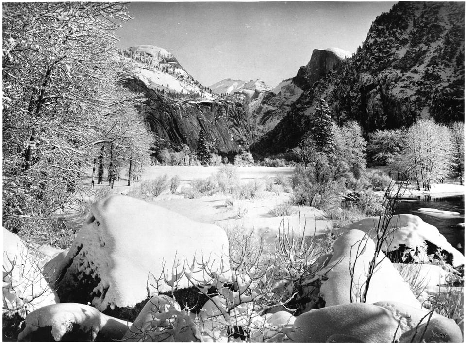 Yosemite Valley, snow covered on Christmas morning. Photographed by Charley Fiske, 1923.