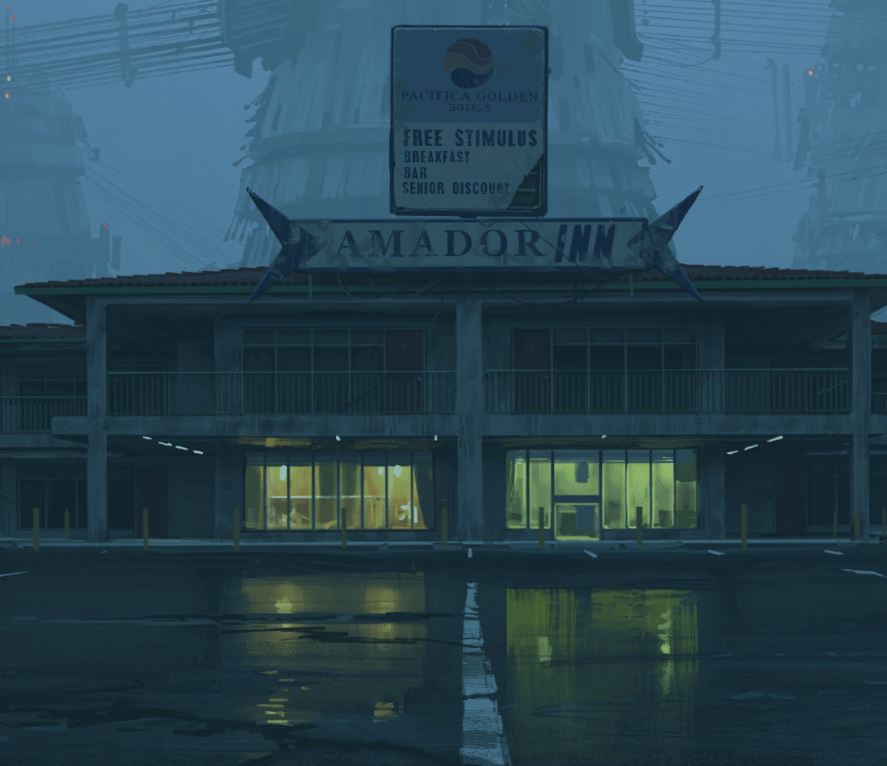 A darkened motel, lights on in the lobby with large future tech neuroscape tech in the background