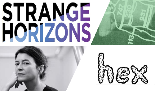 a collage of images including the logos of the online literary magazines Strange Horizons and Hex, an image taken from bruisermag.com's publication of "Tiger Driver '91" by James McPherson, and a promotional headshot of author Samanta Schweblin