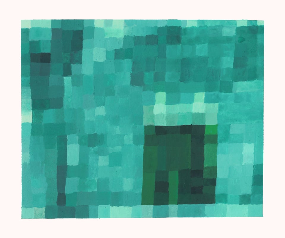 a painting of a church doorway made of teal pixels. the cover art for Verses.