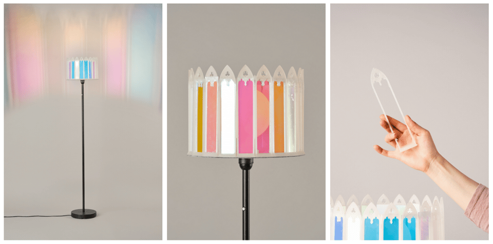 A collage of 3 photos taken of the floor lamp, the lampshade, and my hand holding up one of the 3D printed frames. Everything looks very professional