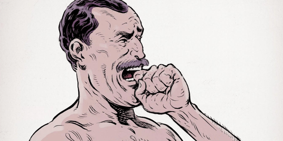 A cartoon of an old circus strongman type.