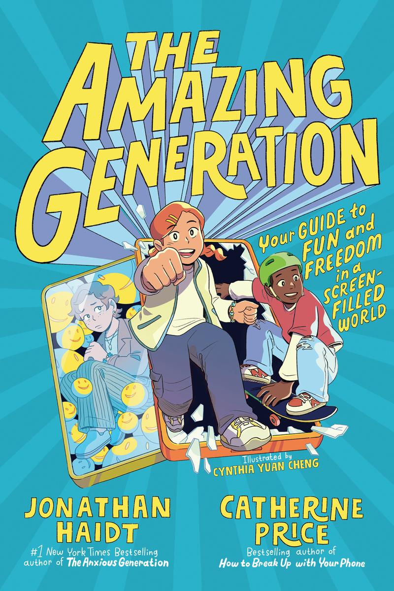 Cover of The Amazing Generation by Jonathan Haidt. Shows two cartoon kids bursting out of the cover.