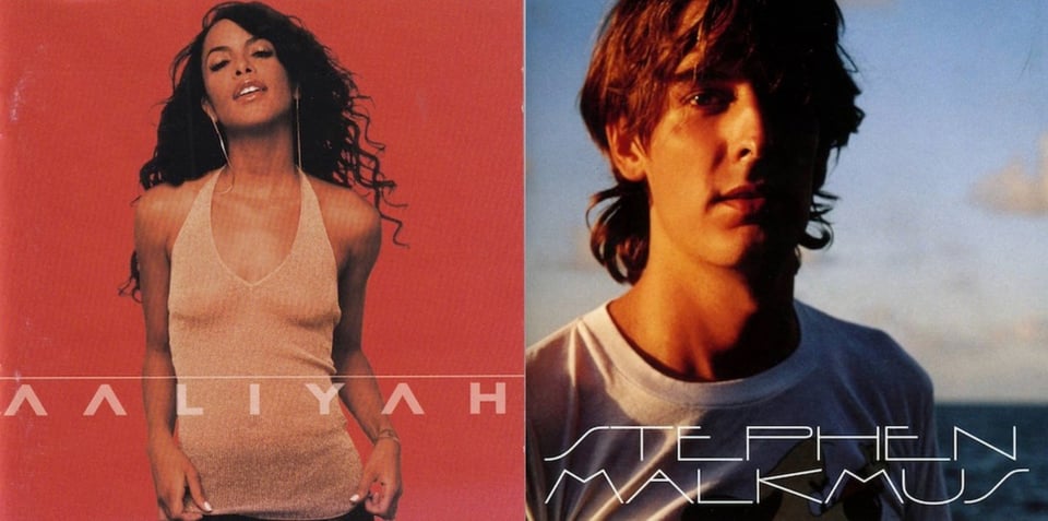First pic: A photograph of a thin Black woman, Aaliyah, on a red background. (RIP) She wears a sheer sleeveless top that is I believe beige. She looks very confident. Second pic: A color photograph close up of Stephen Malkmus, a young white man with shaggy brown hair. He wears a white T shirt. Sunlight hits his face from the left, throwing the right side in shadow. Behind him is a body of water, blue sky, clouds. It feels like sunset.