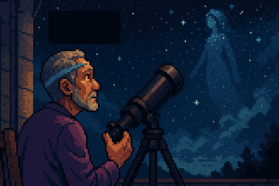 Pixel art image of man holding telescope, looking up at sky with ethereal woman figure in the stars.