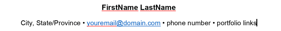 A text showing a sample resume header