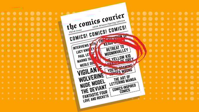 A graphic of the third issue of the Comics Courier publication with a bright yellowish orange background and a red circle drawn around the title of one article, titled Retreat to Moominvalley.