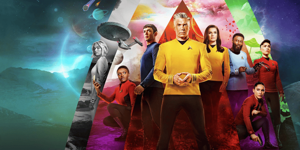 The cast of Strange New Worlds look dramatic against a multi-coloured background.