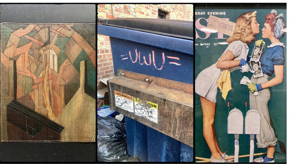 grid with 3 photos. L-R: a woodcut retaining ink colors of green and orange; a blue garbage bin with "uwu" graffiti'd on it; a Rockwell Saturday Evening Post cover of two cute girls apparently fighting over the same soldier.