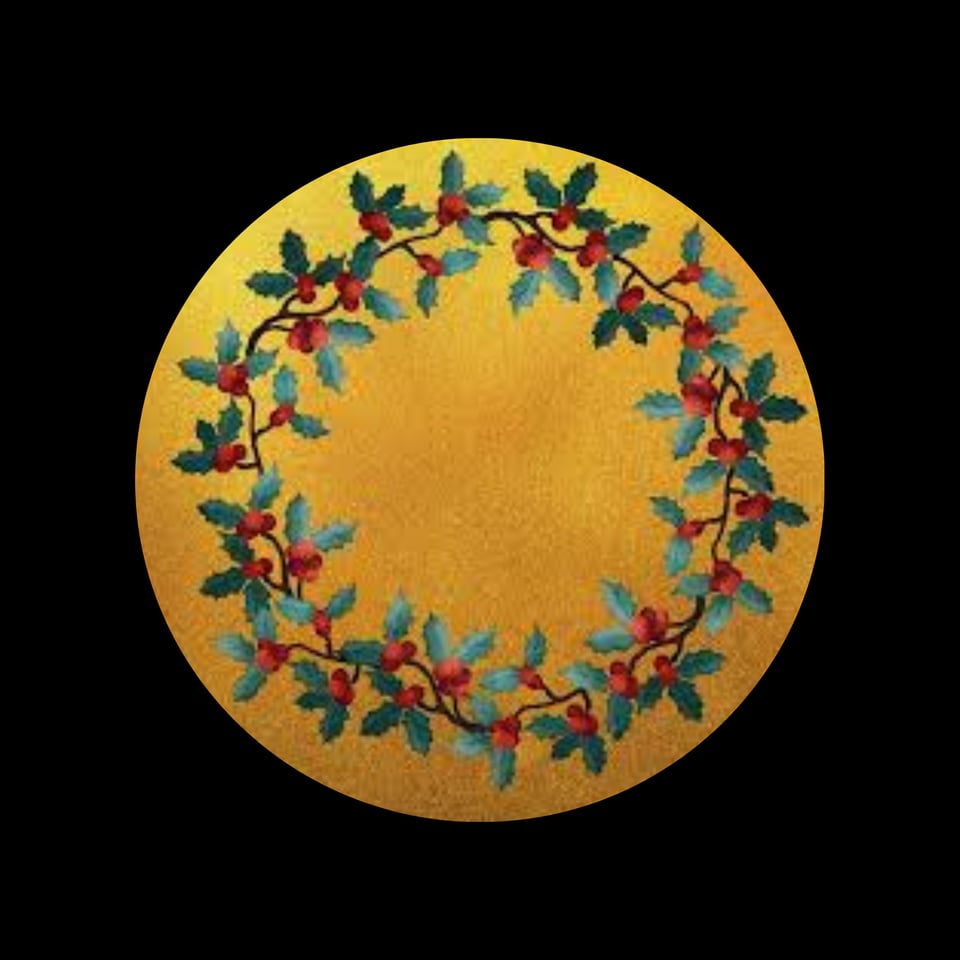 a holly wreath on a gold background.