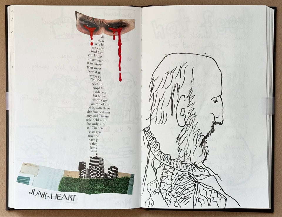 a book with a drawing of a man and a collage