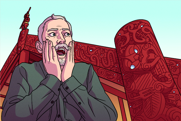 An older Pākehā man with a bushy grey moustache gasps in fear at a marae.