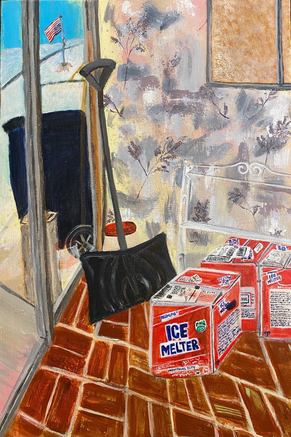 a painting of an entryway with boxes of "Ice Melter" and a snowshovel