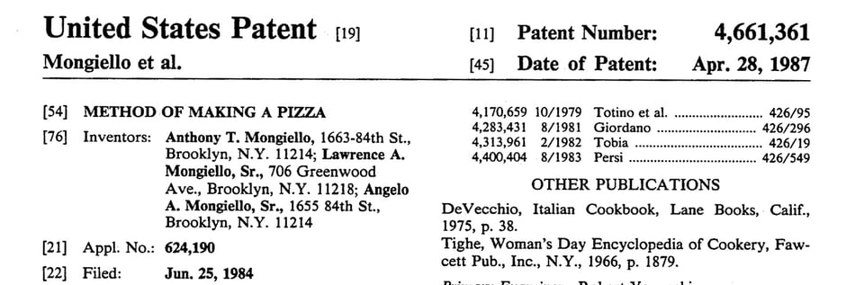 Image from US patent number 4,661,361 method of making a pizza