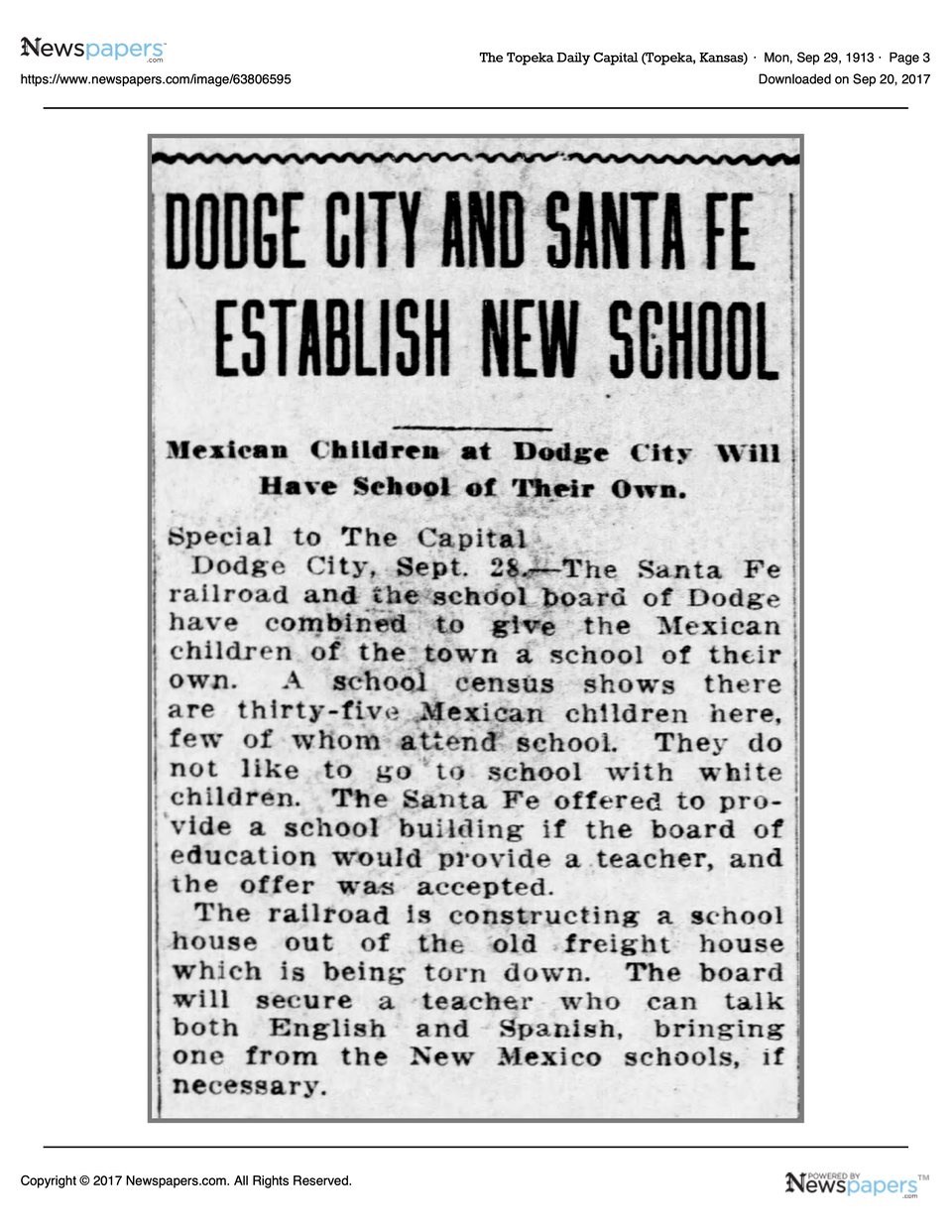 a newspaper article Dodge City and Santa Fe to establish a new school