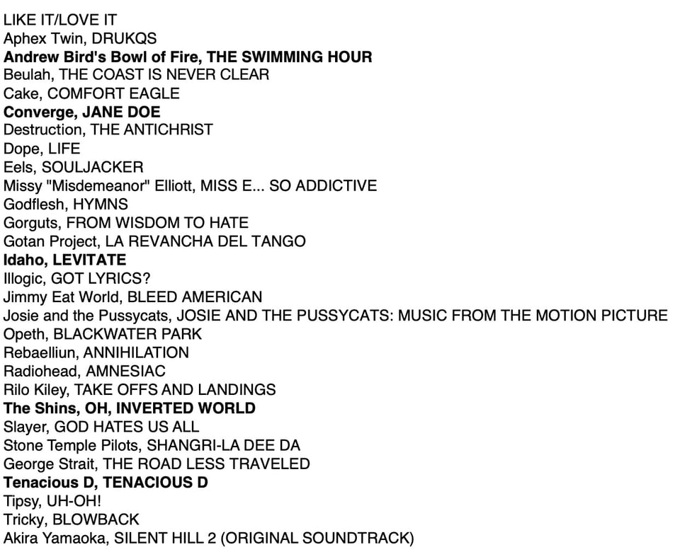 LIKE IT/LOVE IT Aphex Twin, DRUKQS Andrew Bird's Bowl of Fire, THE SWIMMING HOUR Beulah, THE COAST IS NEVER CLEAR Cake, COMFORT EAGLE Converge, JANE DOE Destruction, THE ANTICHRIST Dope, LIFE Eels, SOULJACKER Missy "Misdemeanor" Elliott, MISS E... SO ADDICTIVE Godflesh, HYMNS Gorguts, FROM WISDOM TO HATE Gotan Project, LA REVANCHA DEL TANGO Idaho, LEVITATE Illogic, GOT LYRICS? Jimmy Eat World, BLEED AMERICAN Josie and the Pussycats, JOSIE AND THE PUSSYCATS: MUSIC FROM THE MOTION PICTURE Opeth, BLACKWATER PARK Rebaelliun, ANNIHILATION Radiohead, AMNESIAC Rilo Kiley, TAKE OFFS AND LANDINGS The Shins, OH, INVERTED WORLD Slayer, GOD HATES US ALL Stone Temple Pilots, SHANGRI-LA DEE DA George Strait, THE ROAD LESS TRAVELED Tenacious D, TENACIOUS D Tipsy, UH-OH! Tricky, BLOWBACK Akira Yamaoka, SILENT HILL 2 (ORIGINAL SOUNDTRACK)