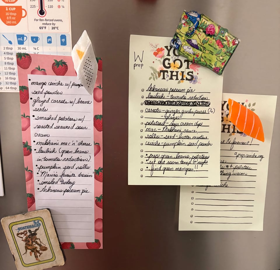 The author's final menu consisting of mango ceviche with a pumpkin seed powder, glazed carrots with benne seeds, smashed potatoes with roasted seaweed sour cream, makhani mac 'n' cheese, loubieh (green beans in a tomato reduction), pumpkin seed rolls, Maria's favorite dressin', smoked turkey, and Arkansas possum pie.