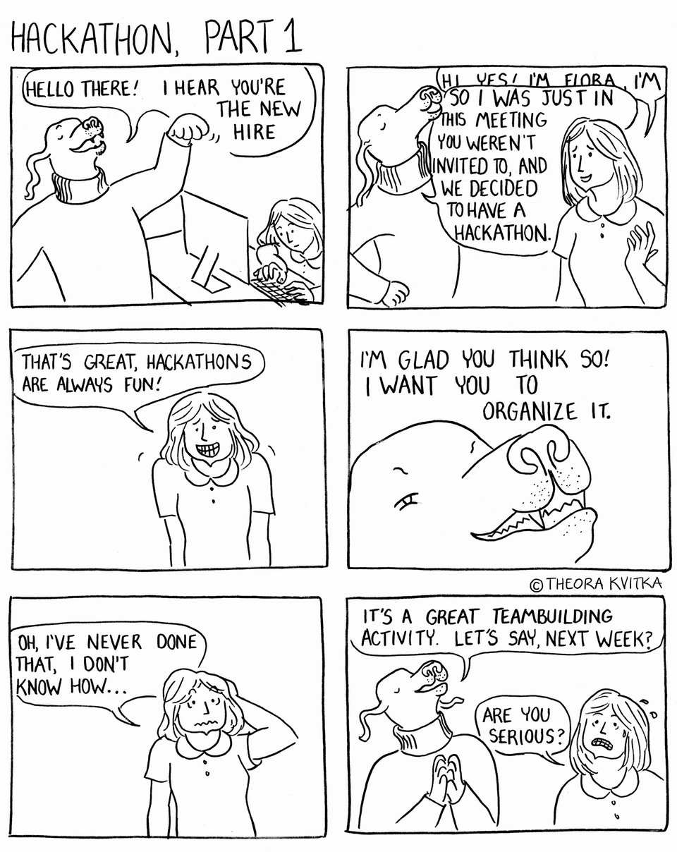 Six panel comic where Dogboss asks Flora to organize a hackathon.
