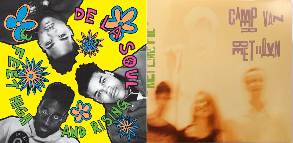 First pic: Black and white photos of three young Black men, arranged in a circle as if you are on the ground and they are looking down at you from above. The background is very bright yellow. There are hand drawn flower shapes in blue and orange arranged around them. Second pic: A extremely blurry photograph of three smiling people, presumably members of Camper Van Beethoven. They appear to be standing in front of some kind of statue, but the picture is so blurry and overexposed and manipulated that I'm not sure what it is or even if it's really there. The overall color of the photo is an extremely light brown-orange.