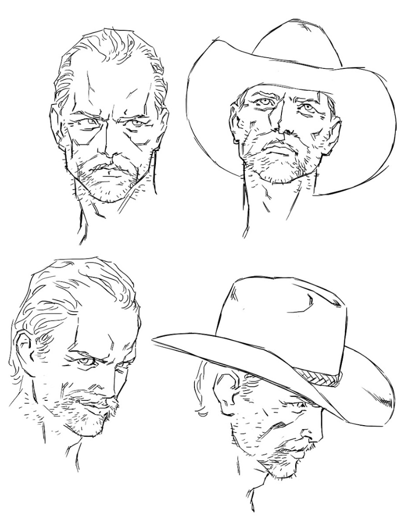 concept art of Moses Booth, headshots, with and without hat