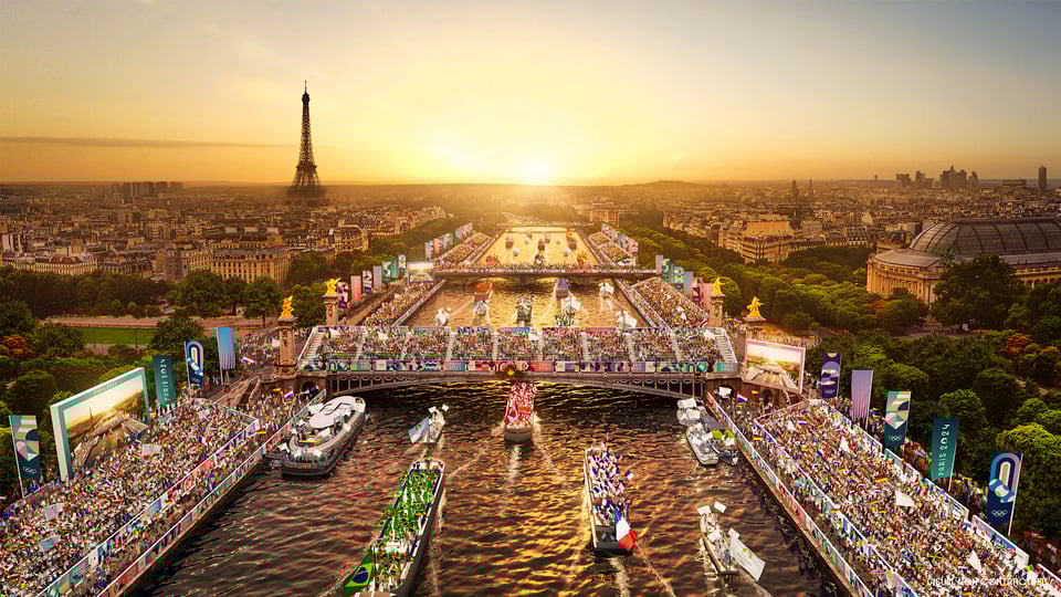 Artistic rendering of boats floating down the Seine during the Opening Ceremony of the 2024 Summer Olympic Games.