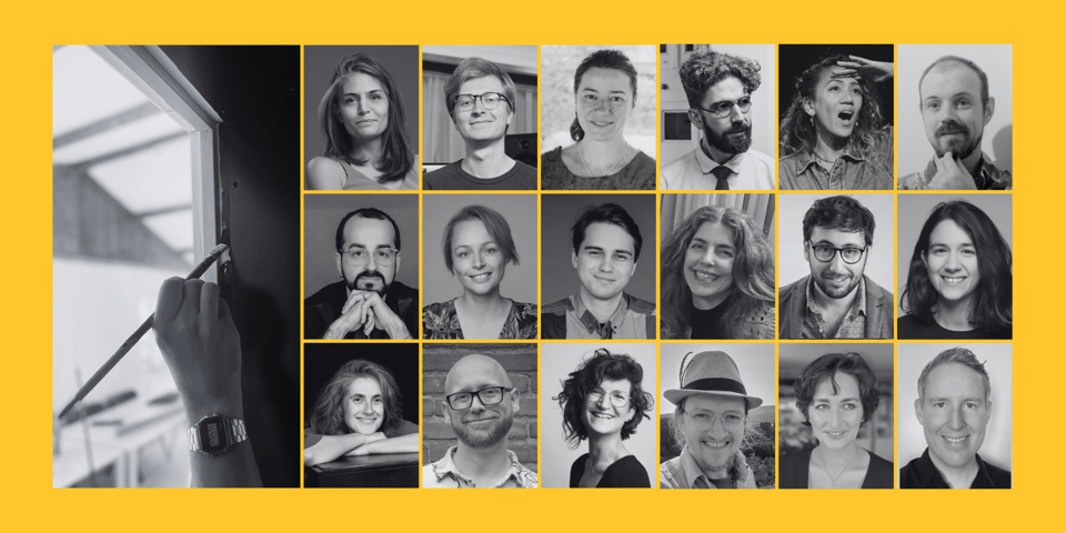 yellow banner with black and white pictures of a painting hand and 18 faces