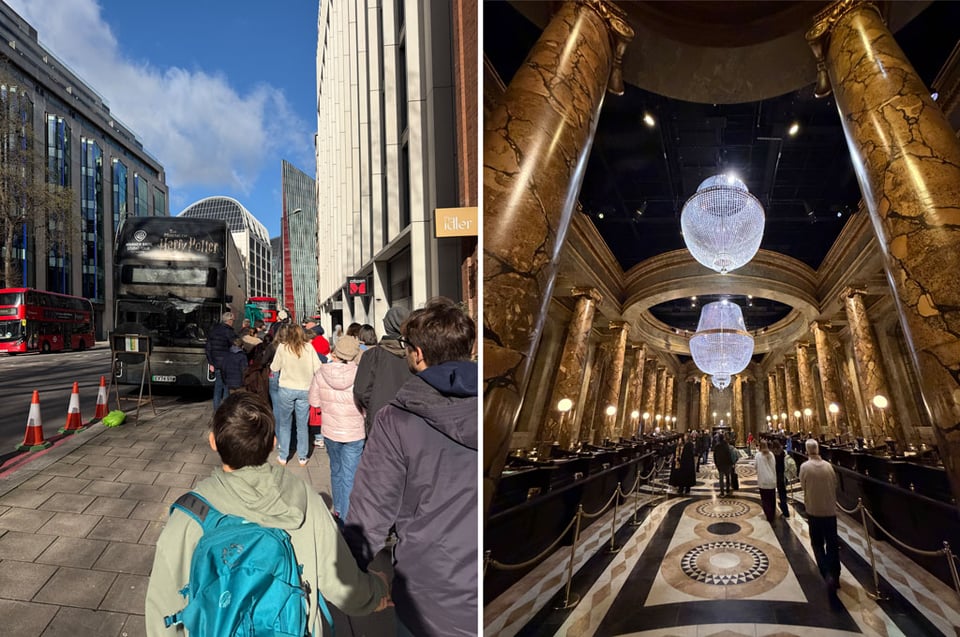 Two photos side by side. A line of people waiting to get on a double decker bus. The right photo shows in the inside of Gringotts Bank set with marble columns and glass chandeliers.