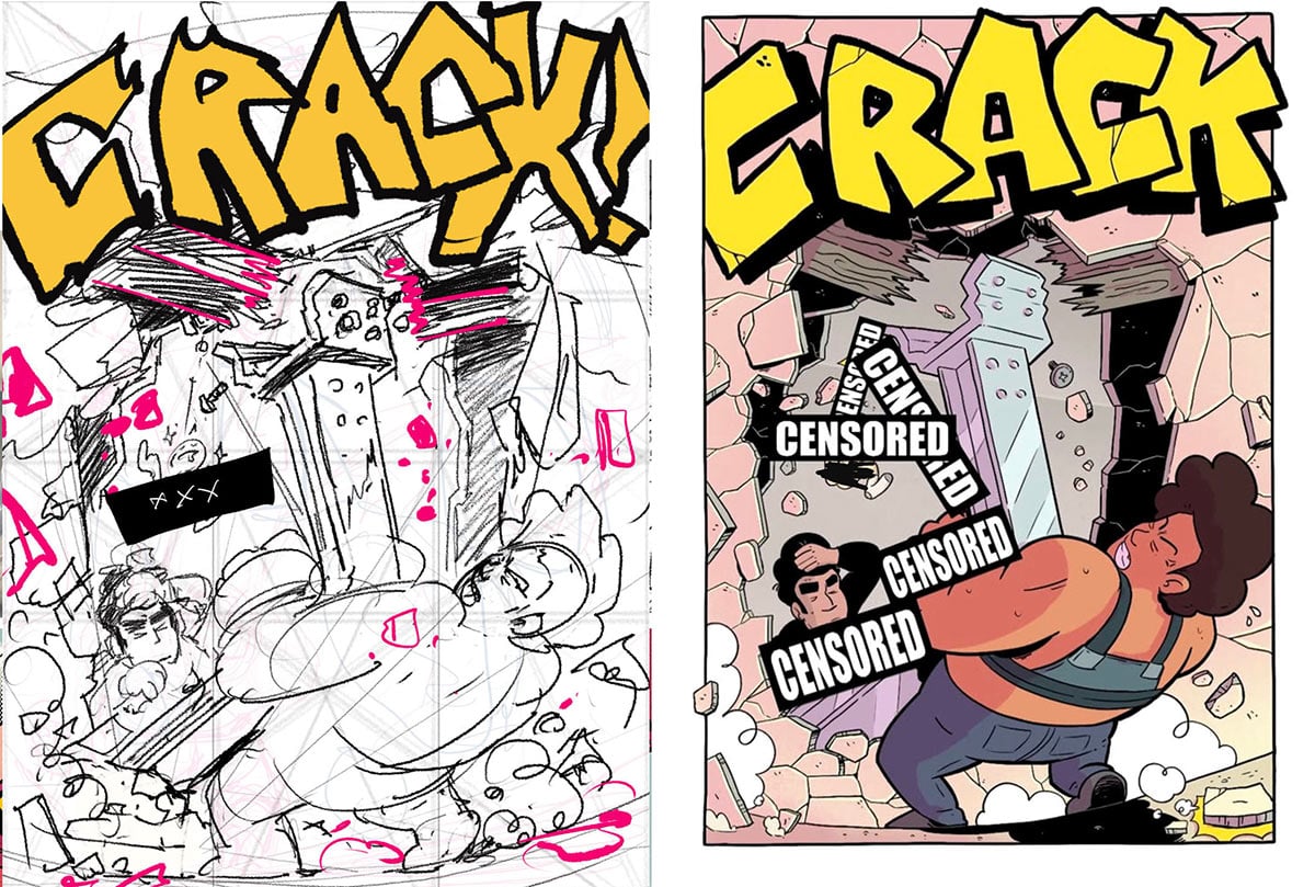 A side-by-side splash page of an antagonist breaking a support beam through a wall.