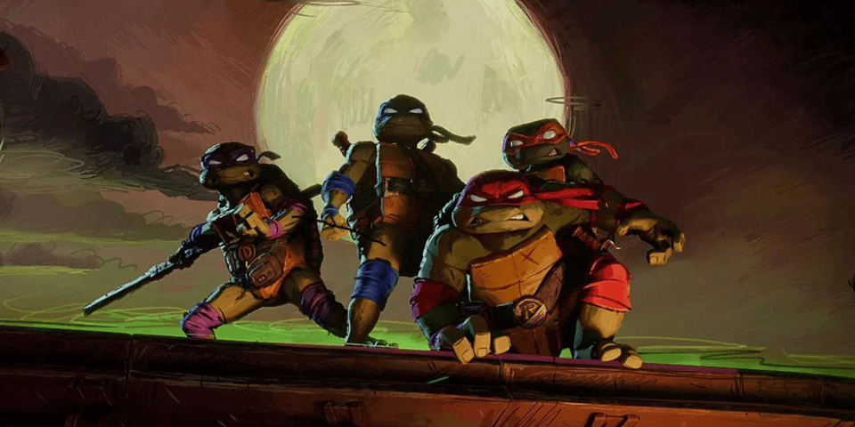 The Ninja Turtles striking a pose on a rooftop.