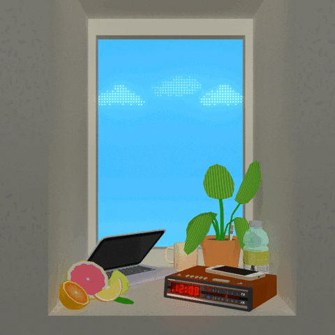 animation of laptop opening and closing alarm clock flashing, plant saving, and window with clouds passing