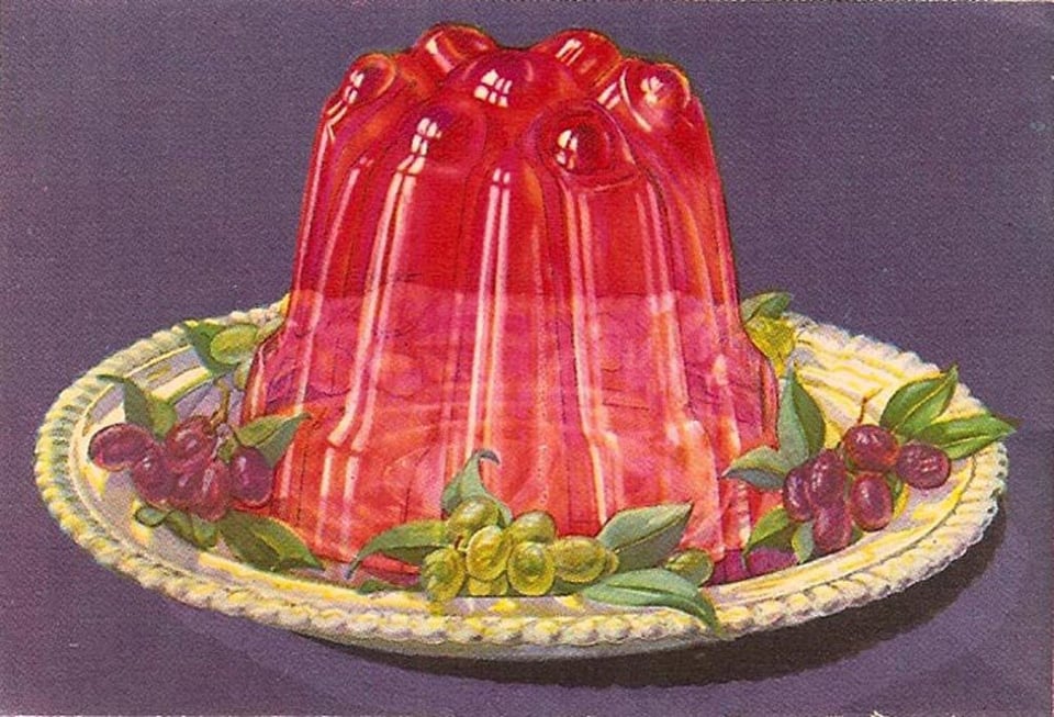 a vintage illustration of a red jelly pudding