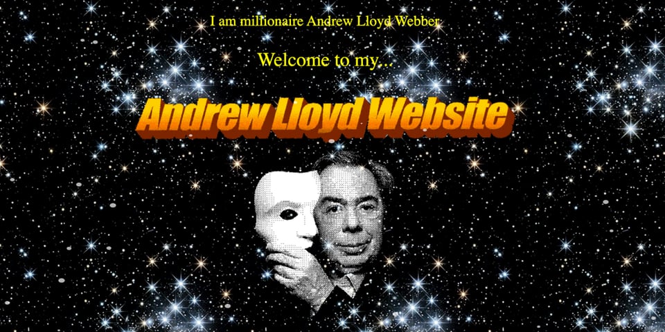 The homepage of the Andrew Lloyd Website with Sir Andrew in a field of stars.