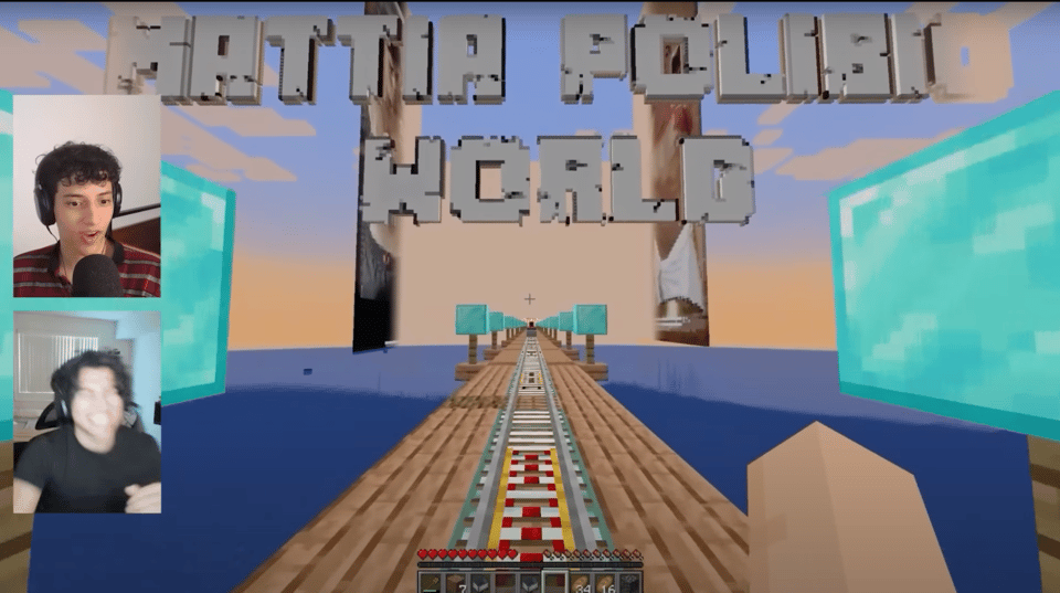 Player-build train tracks extending into the distance. Mattio Polibio World in blocky letters floats above the scene.