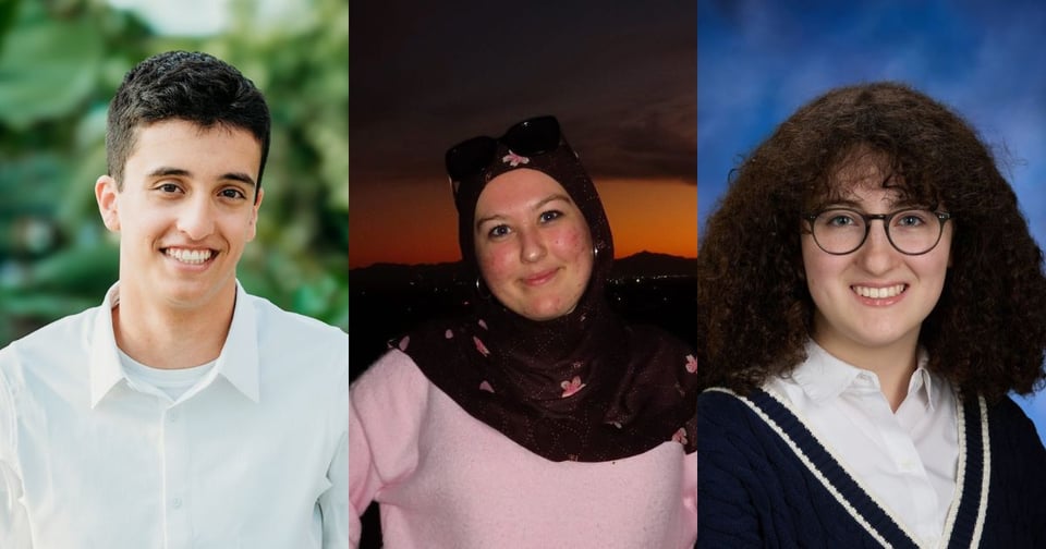Three young individuals are shown smiling directly at the camera. Each person is captured against a different background, including greenery, sunset, and blue studio backdrop.