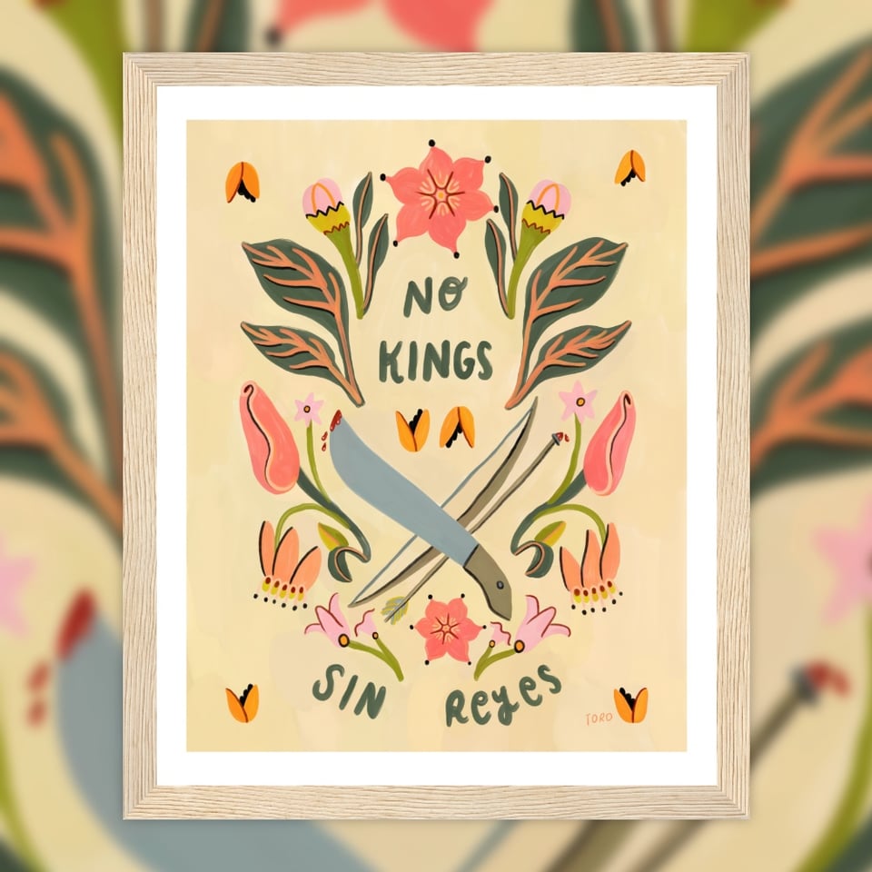 Wood framed Illustration of aji and bixa plants with a machete and bow/arrow crossed in the center. Handwritten text reads "NO KINGS, SIN REYES". On a colorful blurred background.